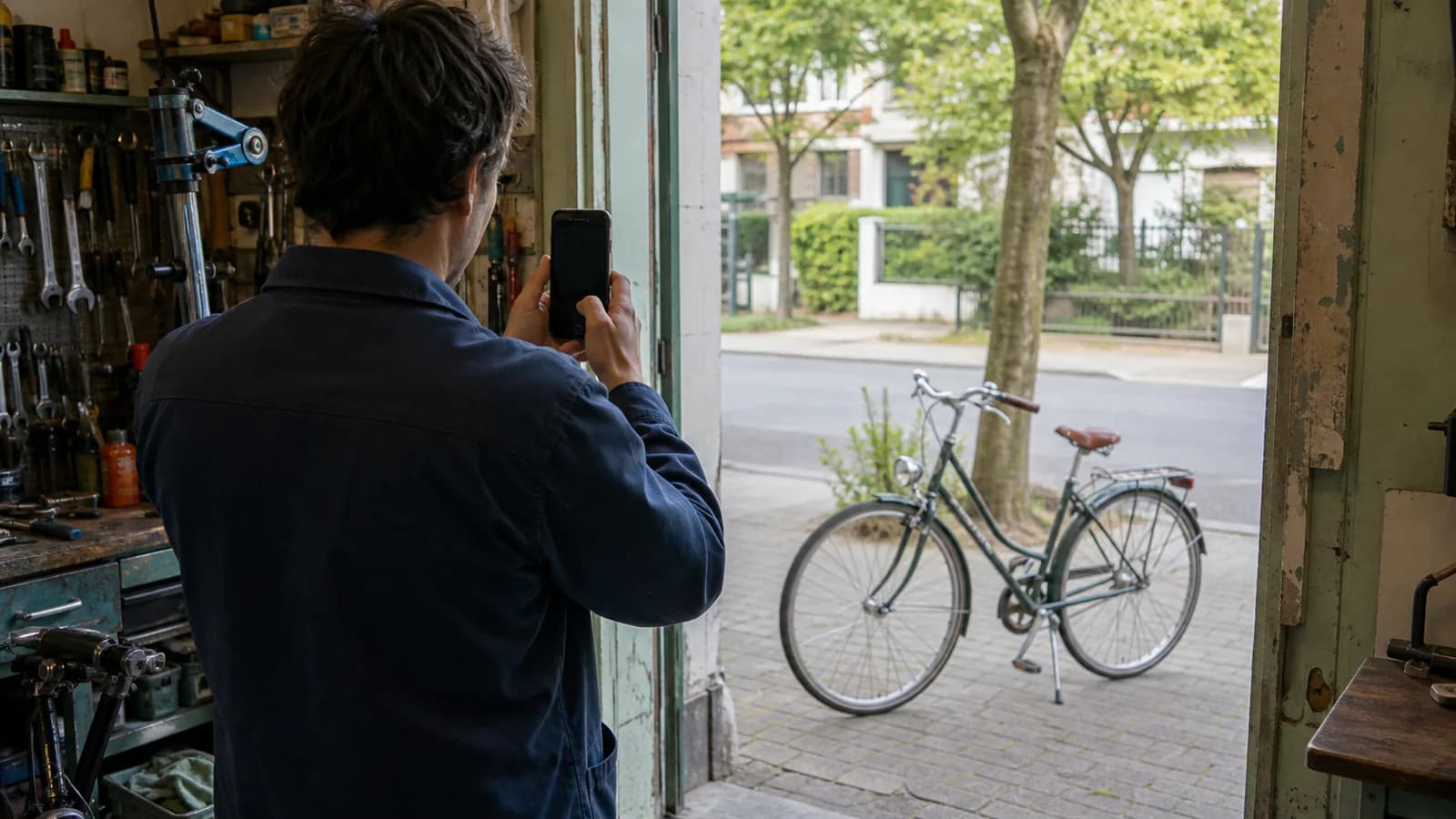 Właściciel warsztatu rowerowego fotografuje rower i wejście do lokalnego punktu