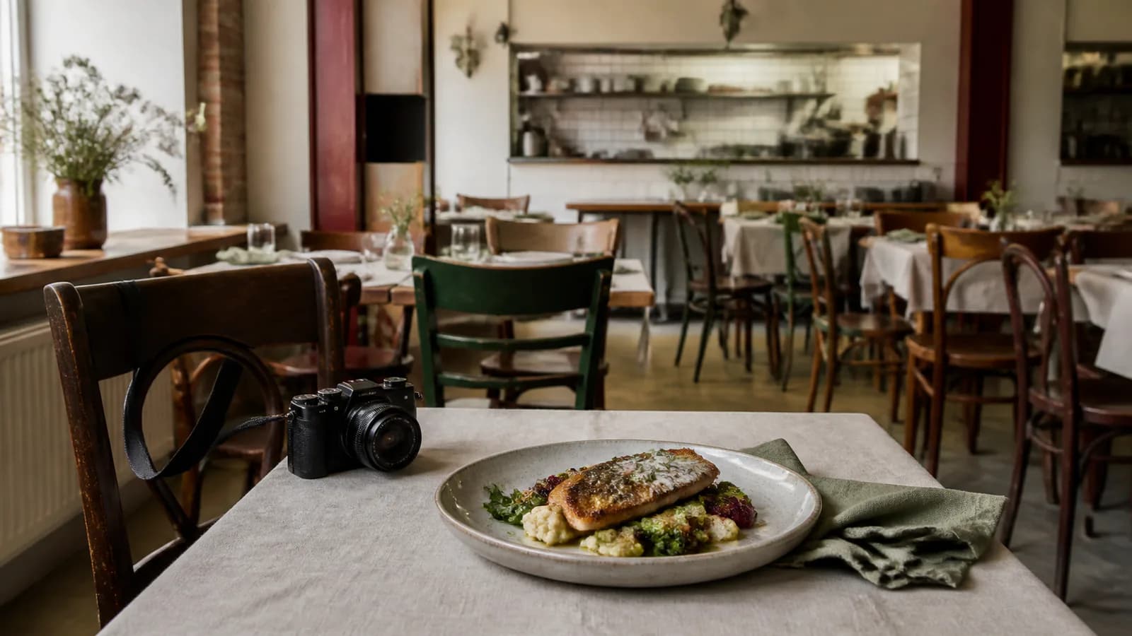 Sezonowe danie, aparat i wnętrze osiedlowej restauracji przygotowane przed otwarciem
