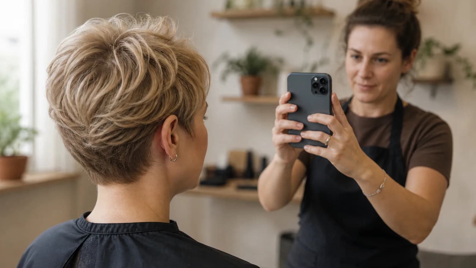 Fryzjerka fotografuje smartfonem gotową fryzurę klientki w salonie