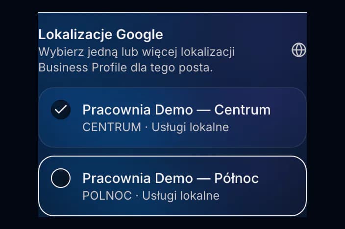 Wybór Google Business i lokalizacji w kreatorze Spreenity