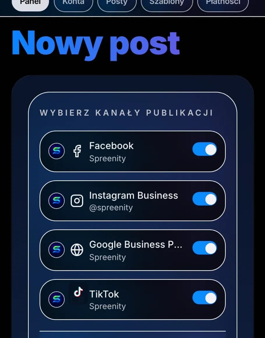 Statyczny ekran przedstawiający wybrane kanały publikacji w Spreenity.