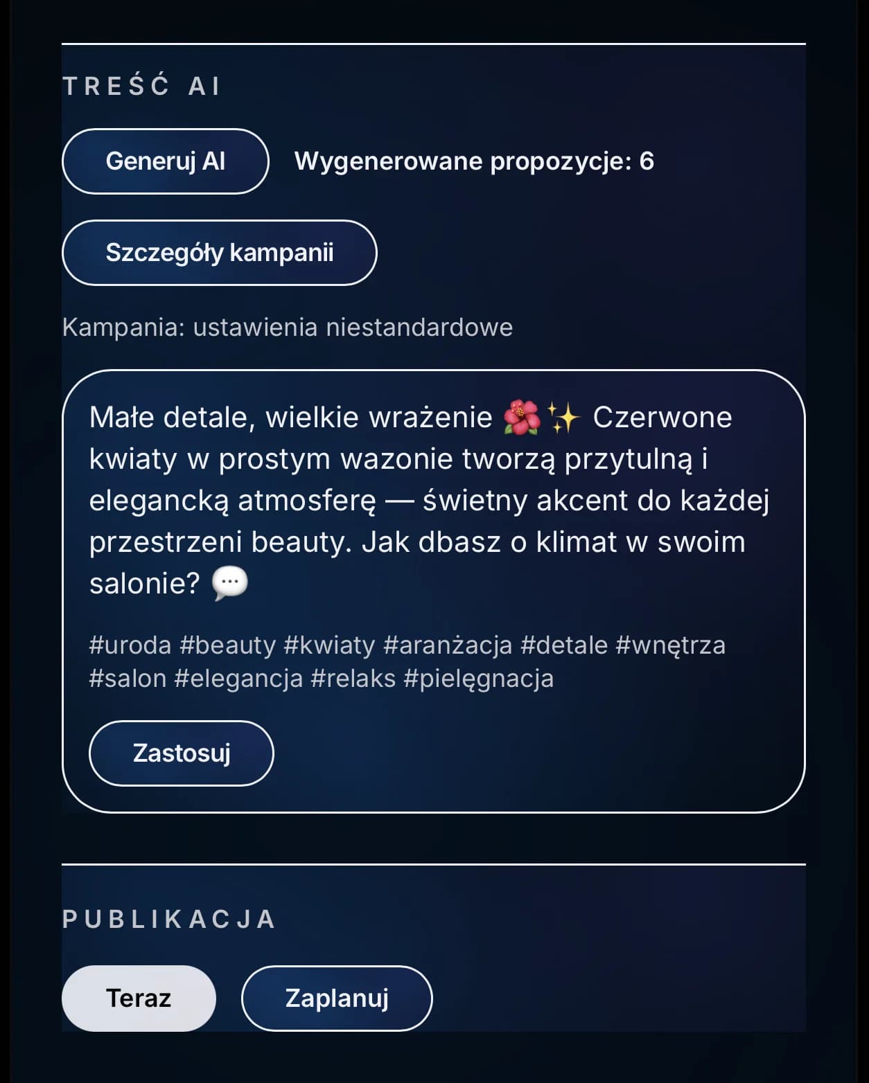 Ekran posta z opisem i hashtagami wygenerowanymi przez AI oraz opcjami publikacji i planowania.