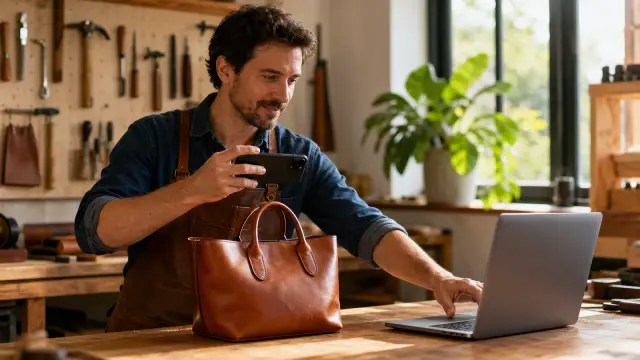 An artisan photographs a finished bag and prepares a simple publication on a laptop