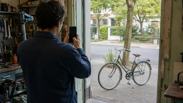 A bicycle repair shop owner photographs a bicycle and the entrance to the local workshop
