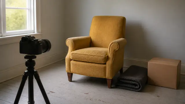 A used mustard armchair positioned for a photograph in front of a tripod-mounted camera