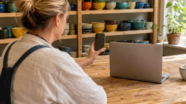 A ceramics studio owner configures MFA with her phone beside a laptop.