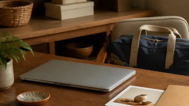 A closed laptop, prepared photos and a travel bag in a small office before the owner's vacation.
