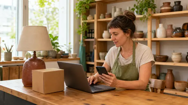 A ceramics shop owner uses a phone and laptop to turn a saved link into a post