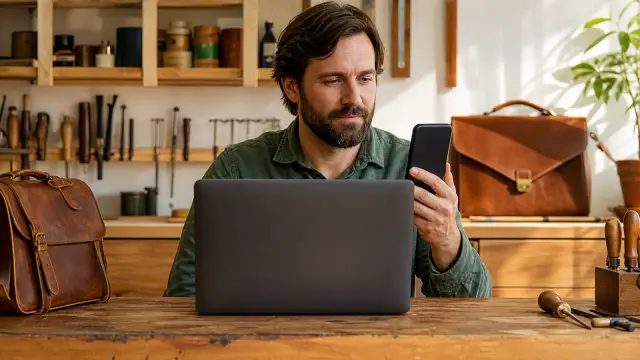 Właściciel pracowni skórzanej ponawia połączenie konta na telefonie przy laptopie.