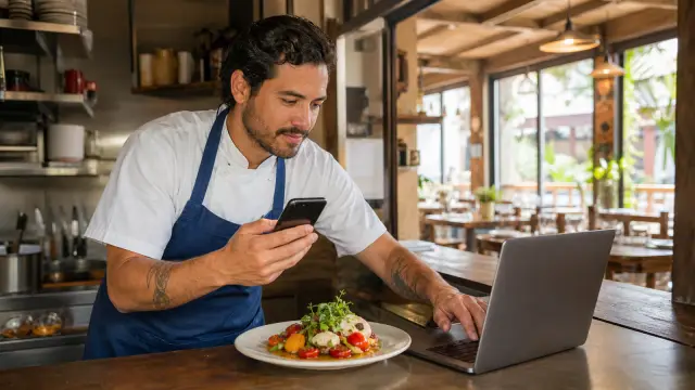 Właściciel restauracji przygotowuje post ze zdjęcia świeżo podanego dania