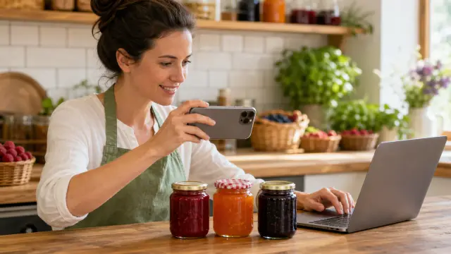 Producentka przetworów fotografuje słoiki i przygotowuje treść na laptopie