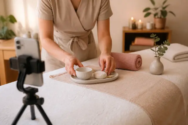 Kosmetyczka przygotowuje kadr zza kulis zabiegu dla odbiorców salonu
