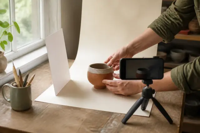 Ręce ustawiają ceramiczny produkt przed smartfonem przy świetle z okna