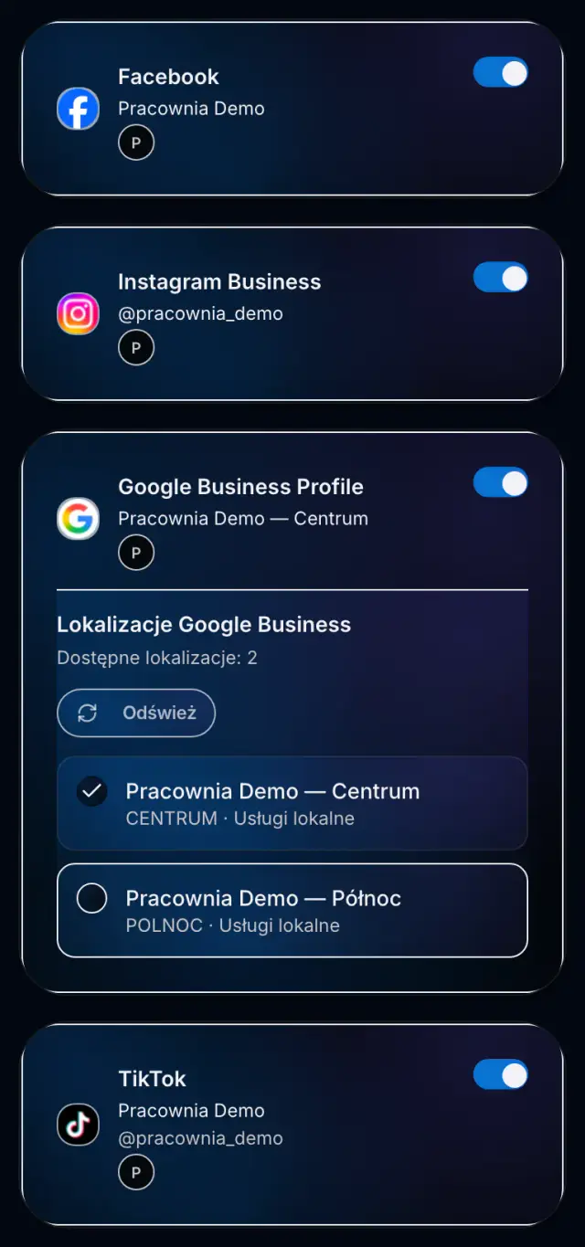 Połączone konta Facebook, Instagram, Google i TikTok w Spreenity