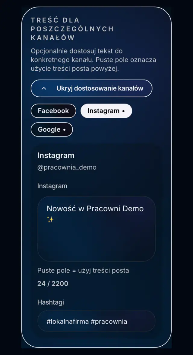 Edytowalne warianty opisu dla Facebooka, Instagrama i Google w Spreenity