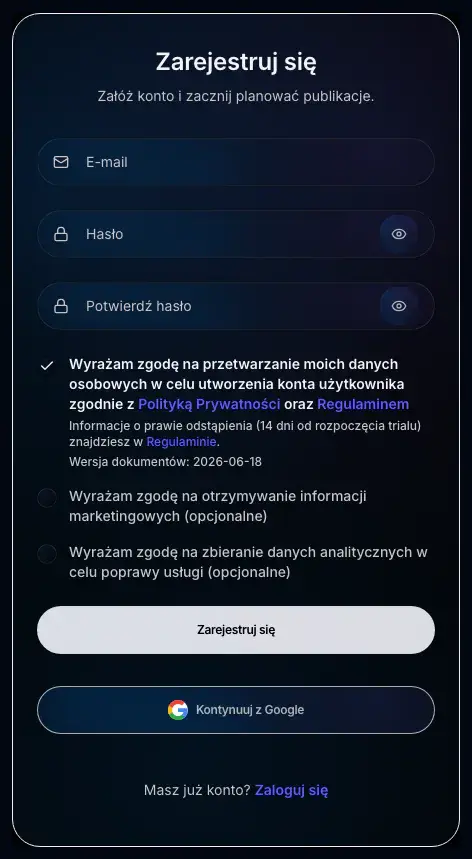 Rejestracja Spreenity z wymaganą zgodą i przyciskiem Kontynuuj z Google