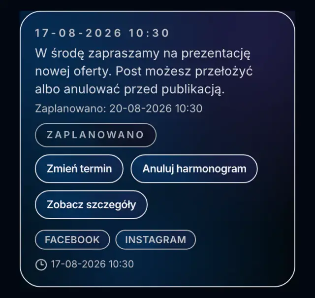 Menu akcji zaplanowanego posta w historii Spreenity