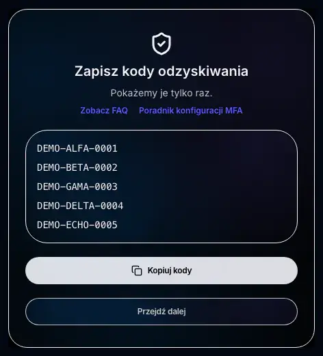 Ekran jednorazowych, syntetycznych kodów odzyskiwania MFA w Spreenity