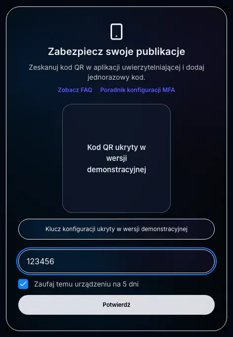 Konfiguracja MFA w Spreenity z celowo ukrytym kodem QR w wersji demonstracyjnej
