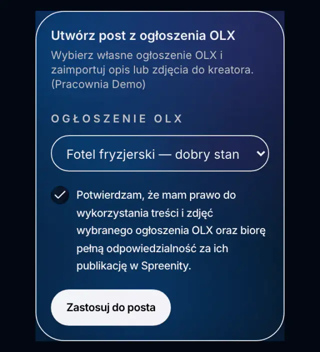 Import OLX w Spreenity z wyborem ogłoszenia i potwierdzeniem praw do materiałów