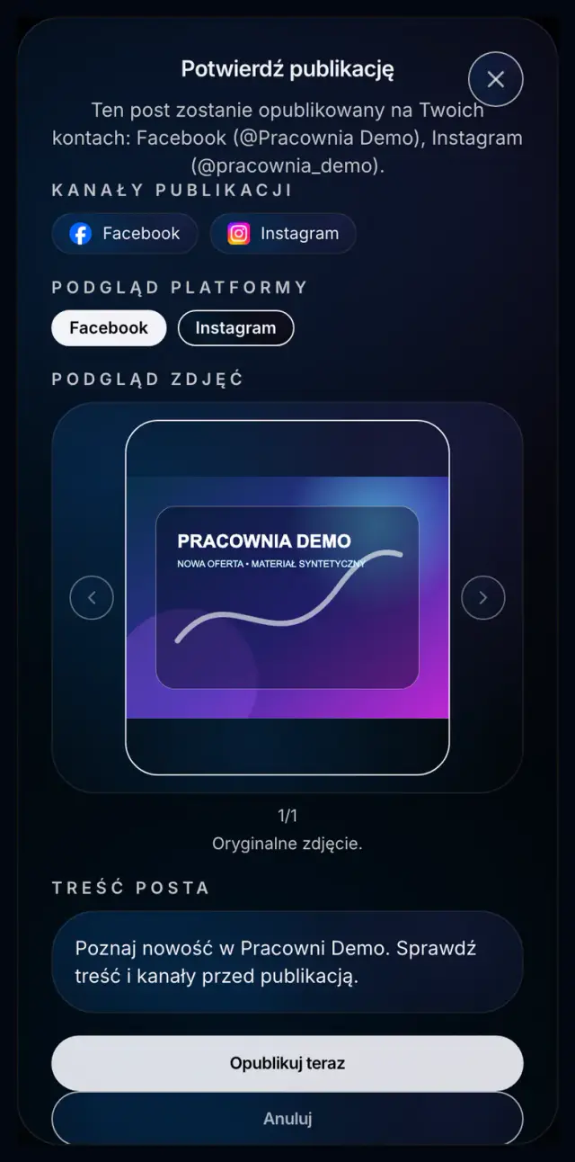 Potwierdzenie publikacji tekstu i jednego zdjęcia na Facebooku i Instagramie