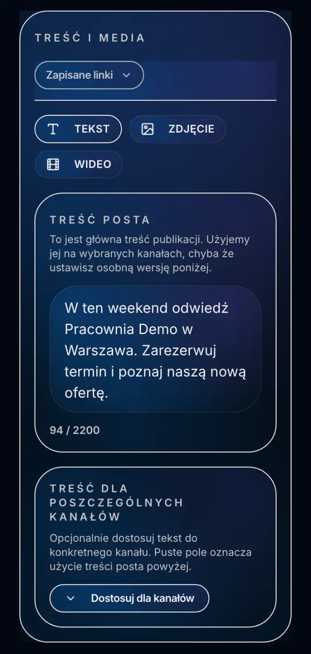 Kreator posta z tekstem przeniesionym z szablonu