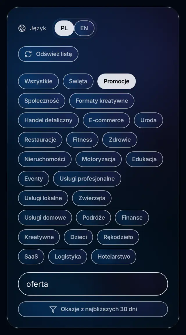 Filtry i wyszukiwarka szablonów w Spreenity