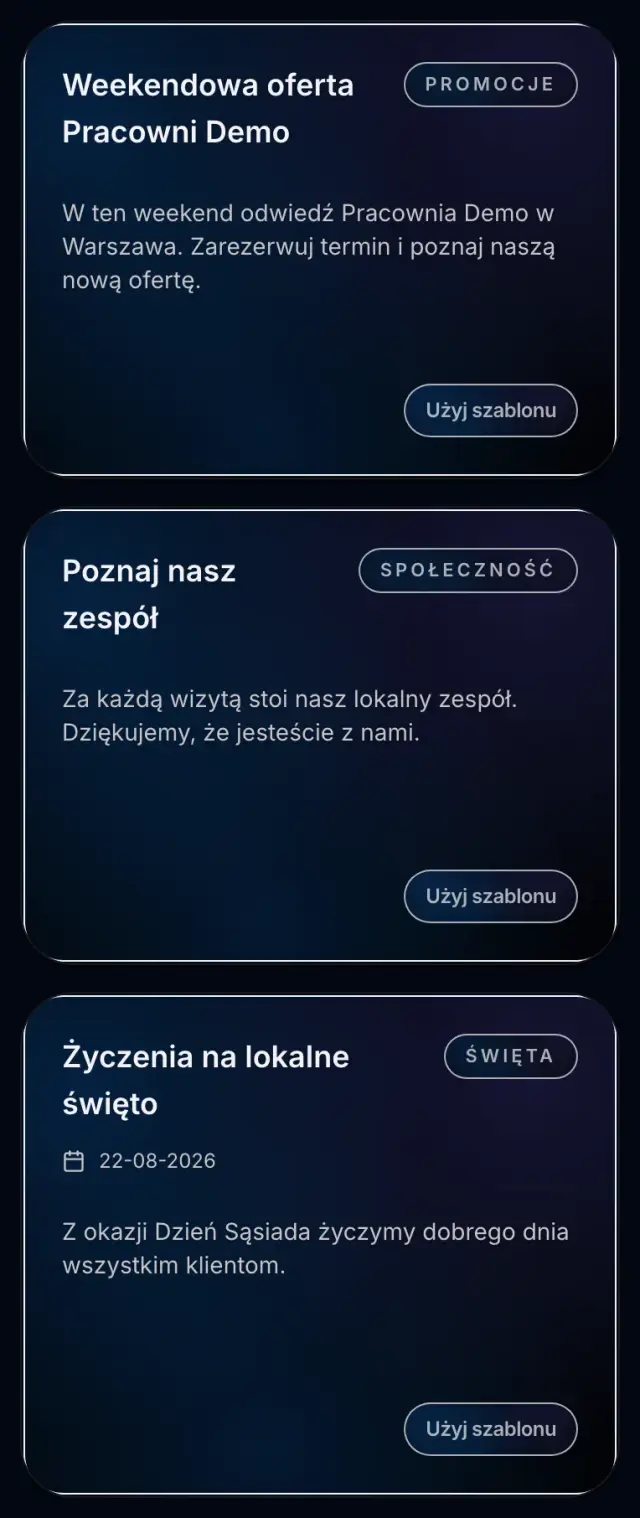 Lista szablonów postów w Spreenity