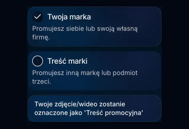 Oznaczenie treści komercyjnej TikTok w ustawieniach Spreenity