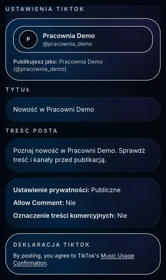 Potwierdzenie publikacji TikTok w Spreenity z podglądem posta
