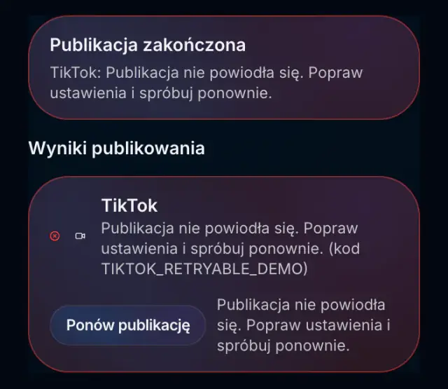 Wynik publikacji TikTok w Spreenity z możliwością ponowienia po błędzie
