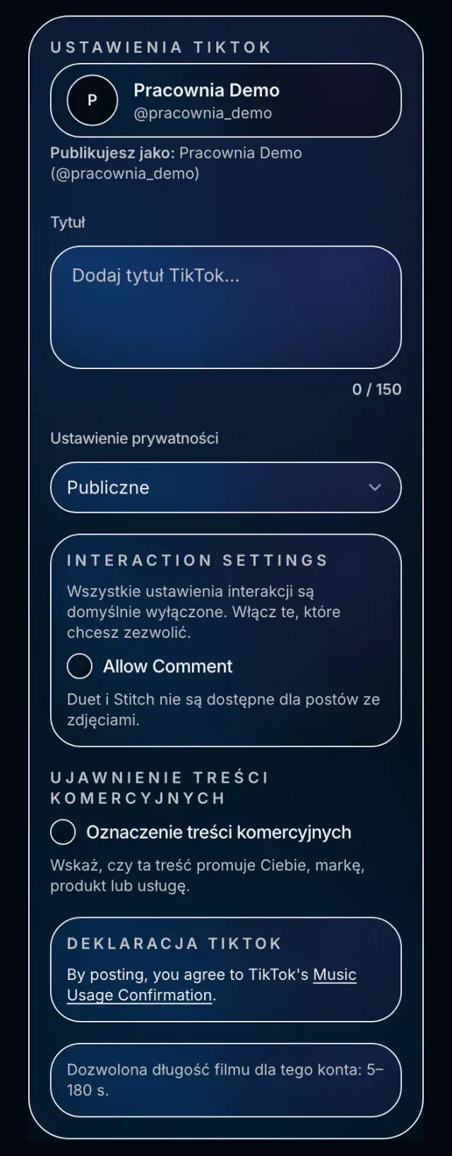 Kreator posta TikTok w Spreenity z widocznym kontem twórcy