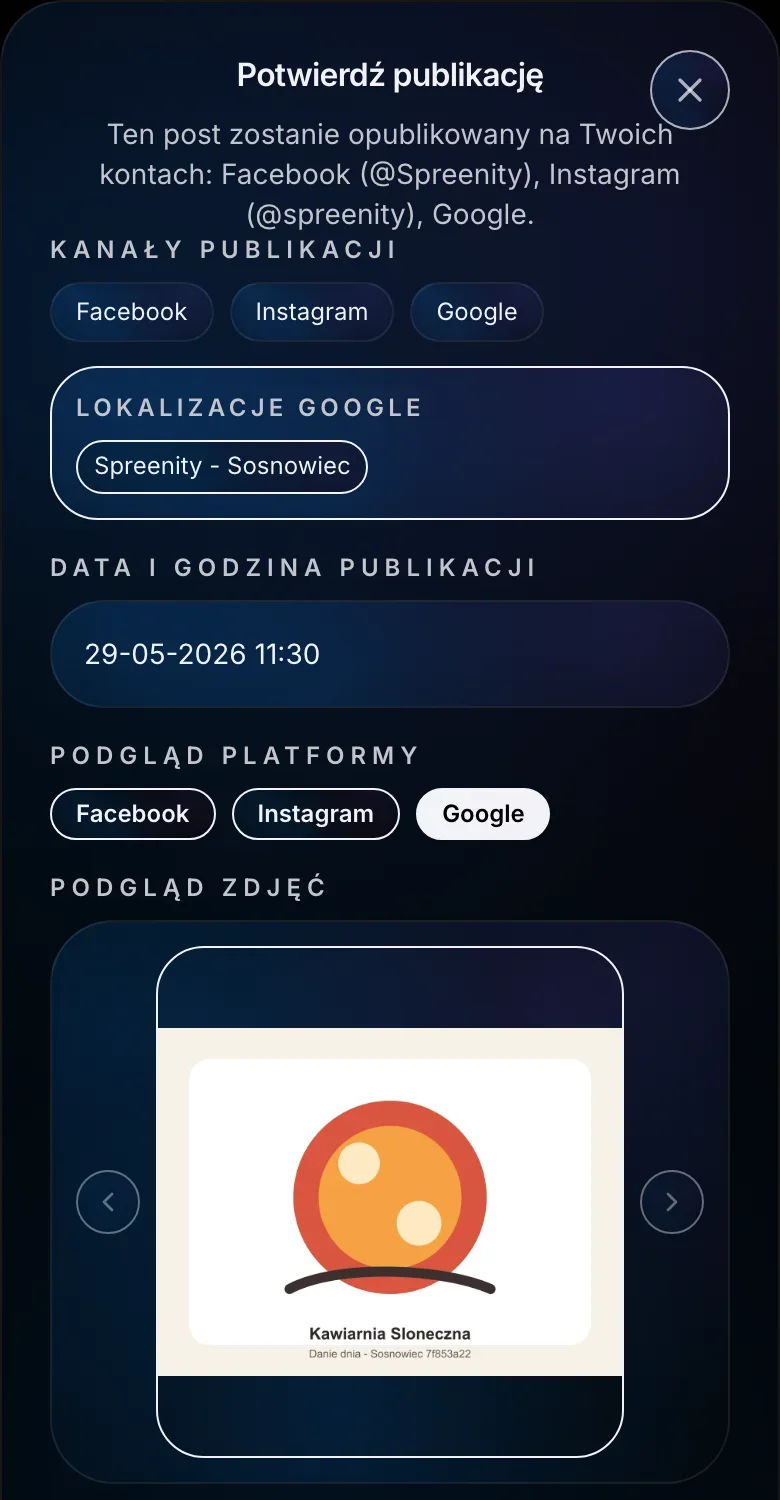 Potwierdzenie publikacji posta w Spreenity