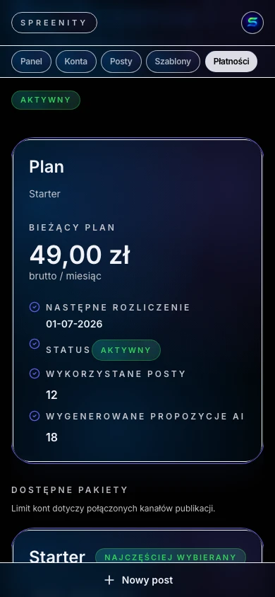 Rozliczenia Spreenity z aktywnym planem po pierwszym logowaniu