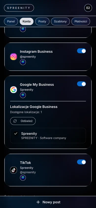 Connected Facebook, Instagram, Google and TikTok accounts on Spreenity