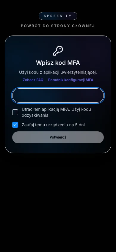 MFA confirmation screen in Spreenity with trusted device option