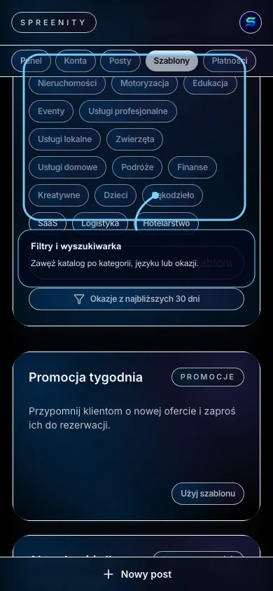 Filtry i wyszukiwarka szablonów w Spreenity