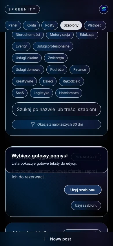 Lista szablonów postów w mobilnej aplikacji Spreenity
