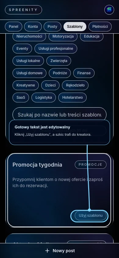 Przycisk Użyj szablonu w gotowym tekście posta